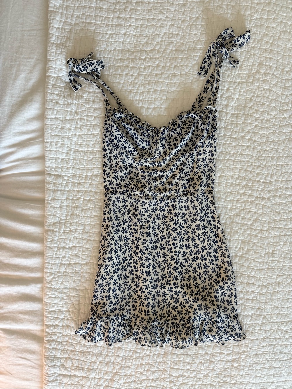 Reformation White and Navy Floral Tie-Shoulder Camisole Dress